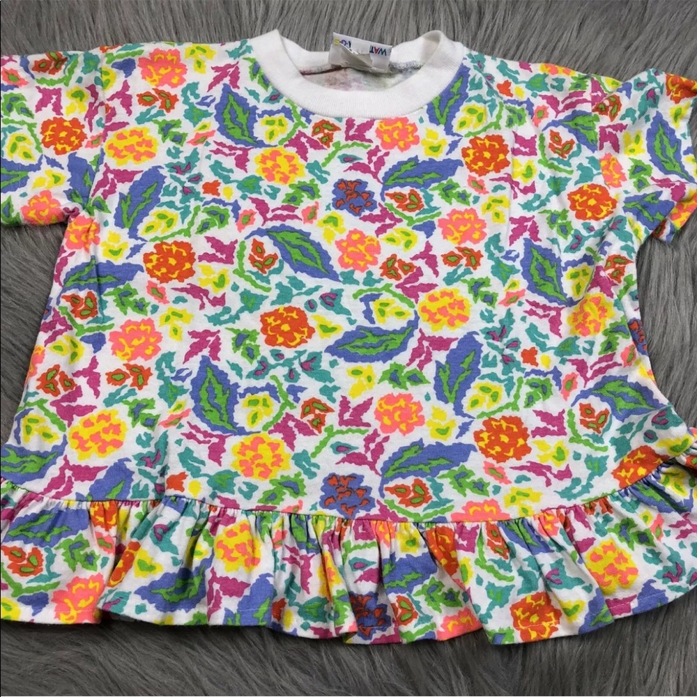 Vintage 90s Toddler Girls White Multicolored Floral Peplum T Shirt